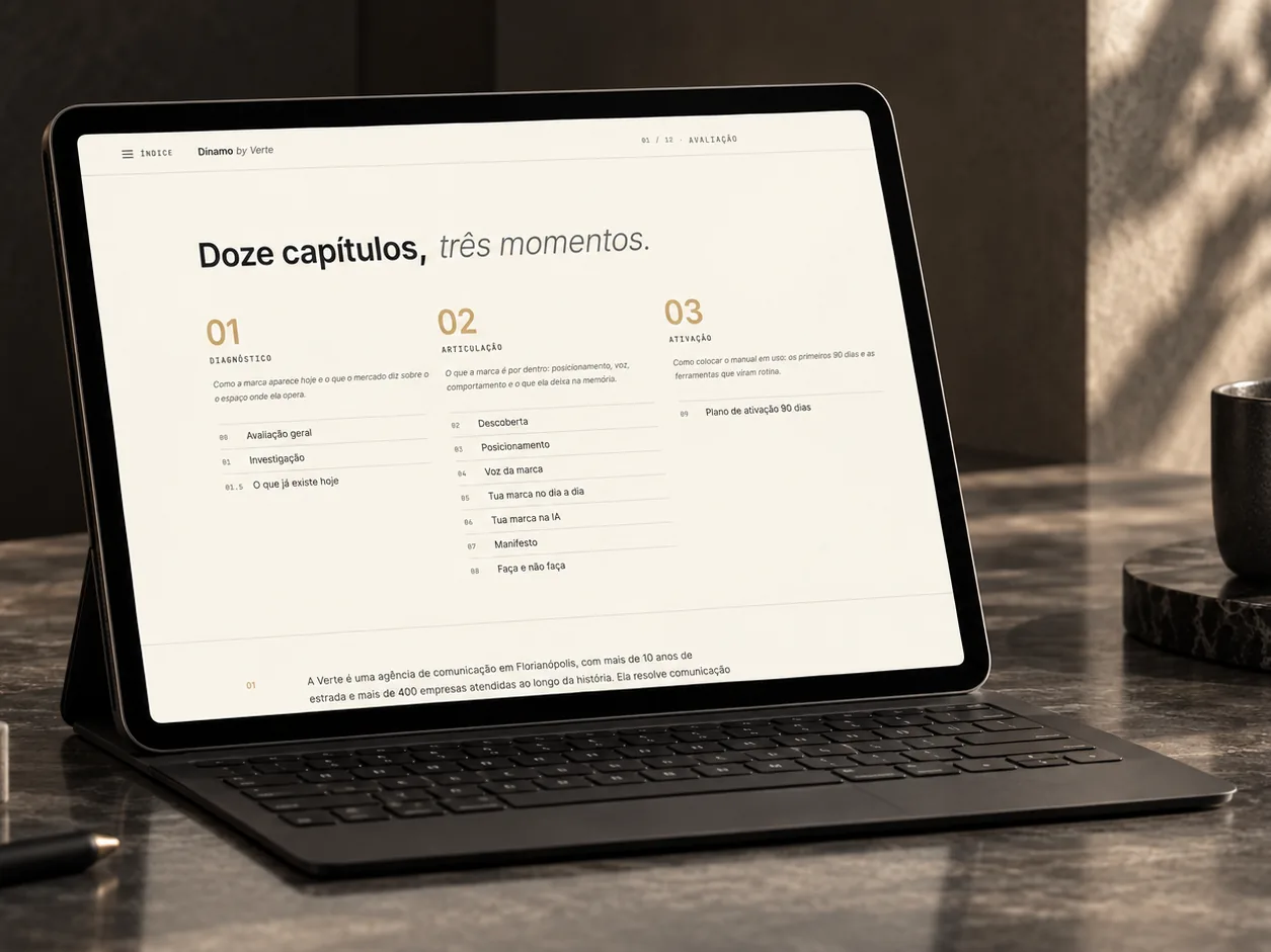 Tablet mostrando a abertura editorial do manual, com os doze capítulos em três momentos